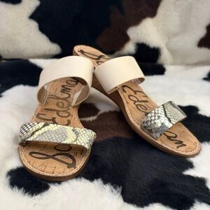 Sam Edelman Cream and Snake-Print Two-Band Slide Sandals